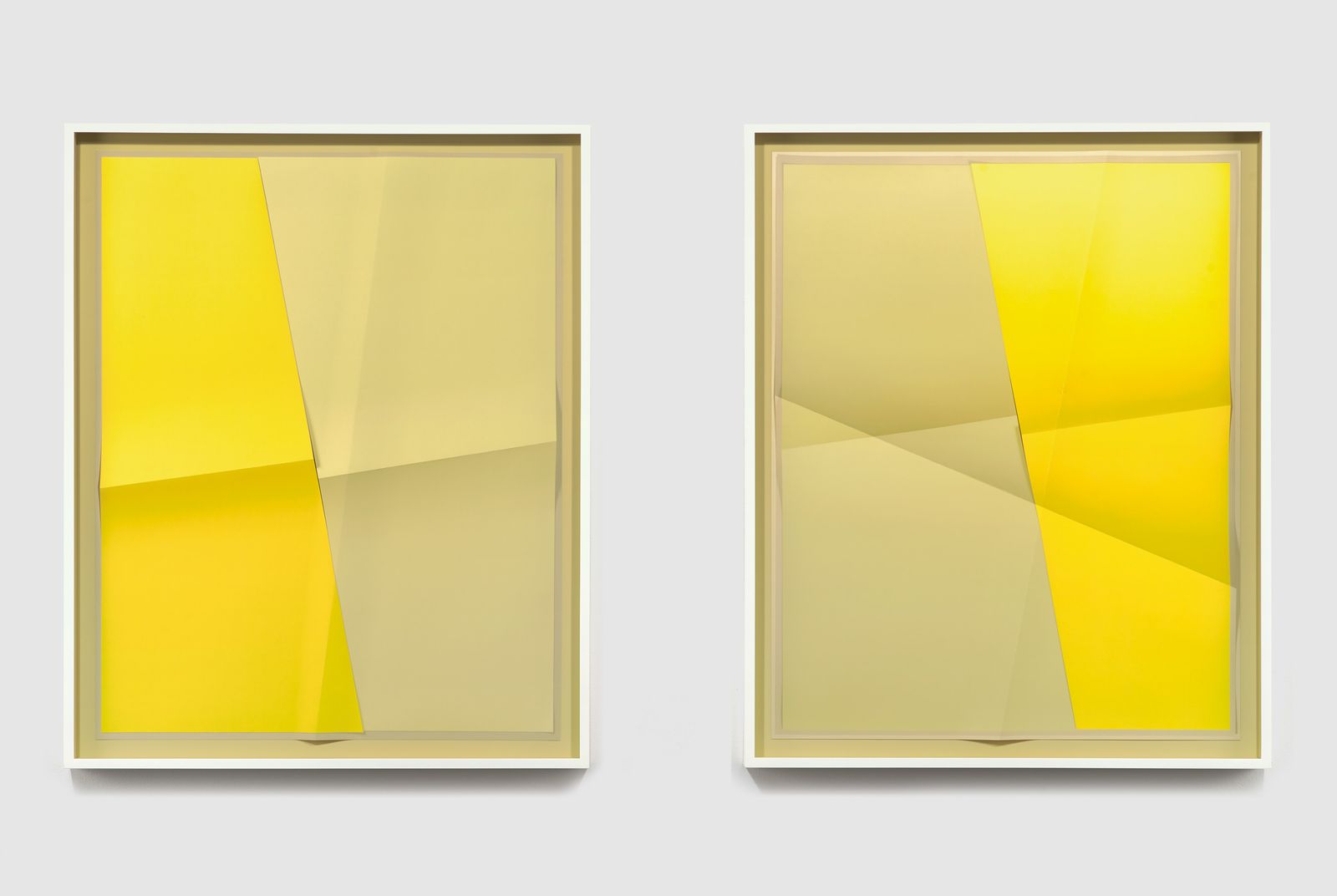 Accumulator 15_01, 3 Colors CEC5A3, E9DD97, FCE741, 2017 – Creased archival pigment print (unique), 24 x 30 in., each work, by John Houck