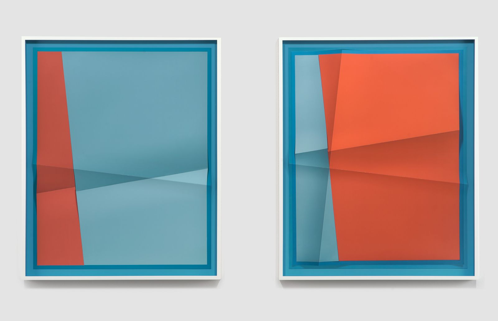 Accumulator 14_01, 3 Colors 1E9AC0, 8DC2D5, AC5754, 2017 – Creased archival pigment print (unique), 24 x 30 in., each work, by John Houck