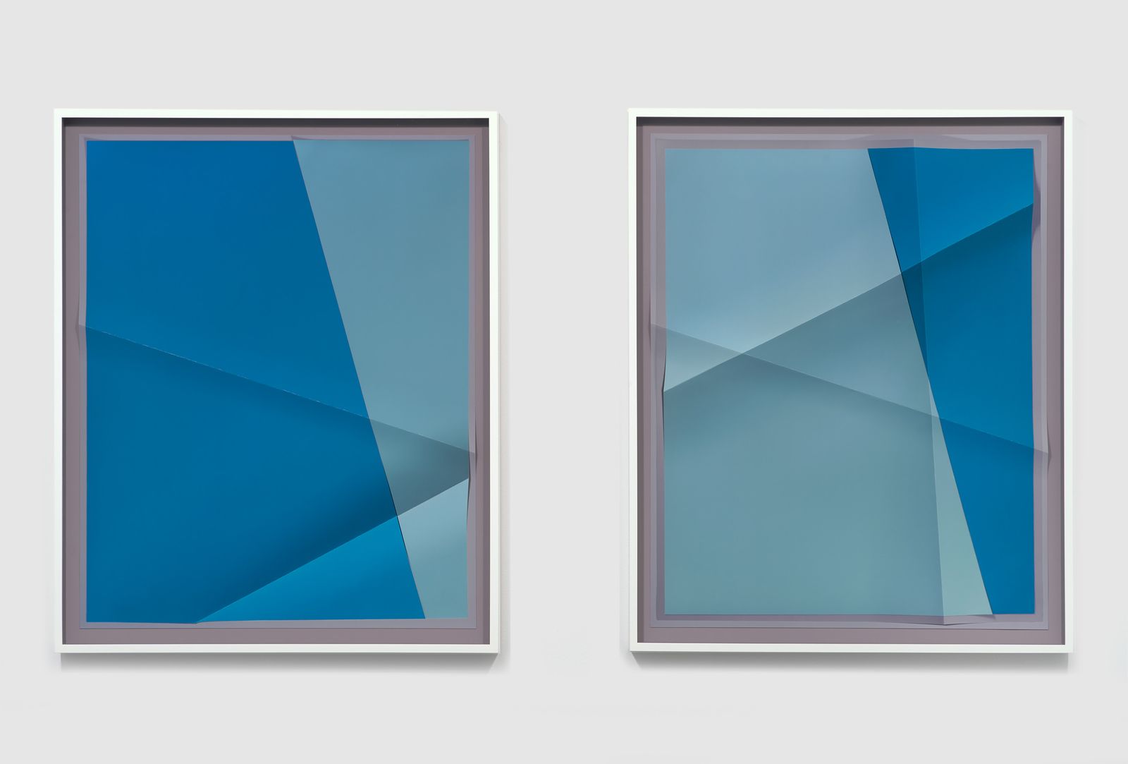 Accumulator 12_01, 3 Colors 8E8C97, 5E8CA2, 0F648D, 2017 – Creased archival pigment print (unique), 24 x 30 in., each work, by John Houck
