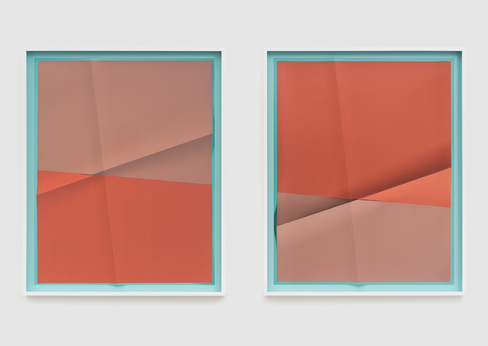 Accumulator 20_01, 3 Colors B2DAE5, B4867B, B46E5C, 2018 – Creased archival pigment print (unique), 24 x 30 in., each work, by John Houck
