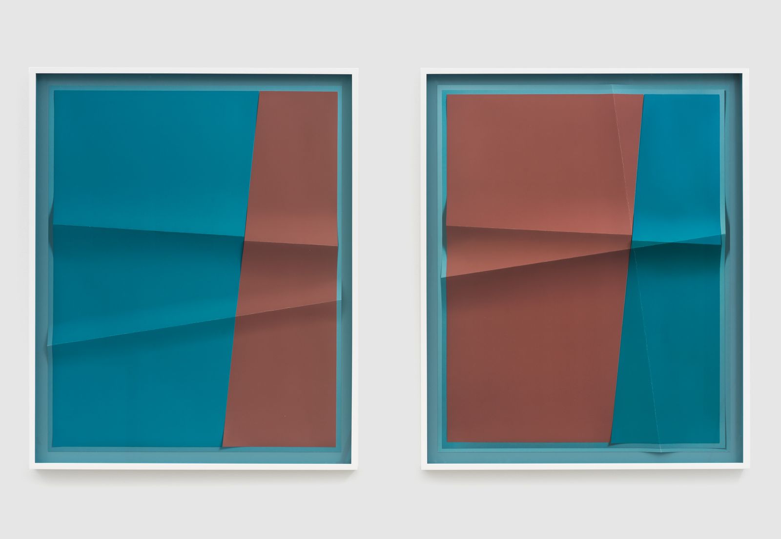 Accumulator 21_01, 3 Colors 829AA8, 8F6B69, 007D98, 2018 – Creased archival pigment print (unique), 24 x 30 in., each work, by John Houck