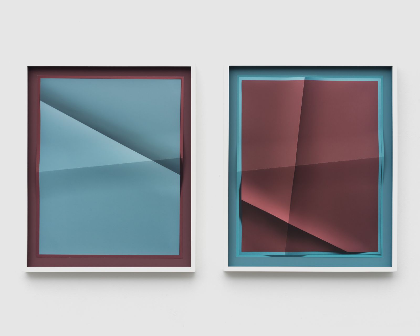 Accumulator 19.2_01, 2 Colors 755057, 688A98, 2018 – Creased archival pigment print (unique), 16 x 20 in., each work, by John Houck