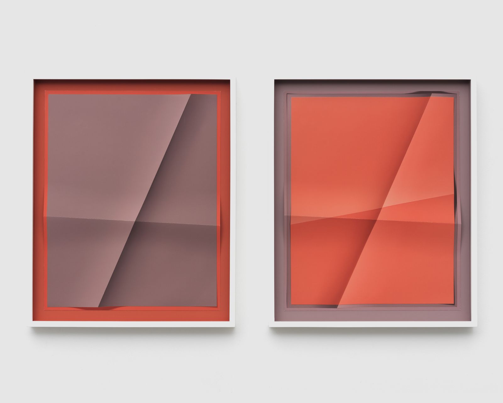 Accumulator 19.3_01, 2 Colors FEDF0A, 9A8584, 2018 – Creased archival pigment print (unique), 16 x 20 in., each work, by John Houck