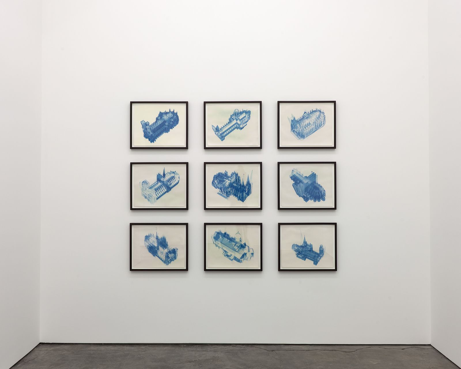 Installation view of nine works from Echelon series, 2013 – Cyanotype process on 140lb arches watercolor paper, 20 x 16 in., each work, by John Houck