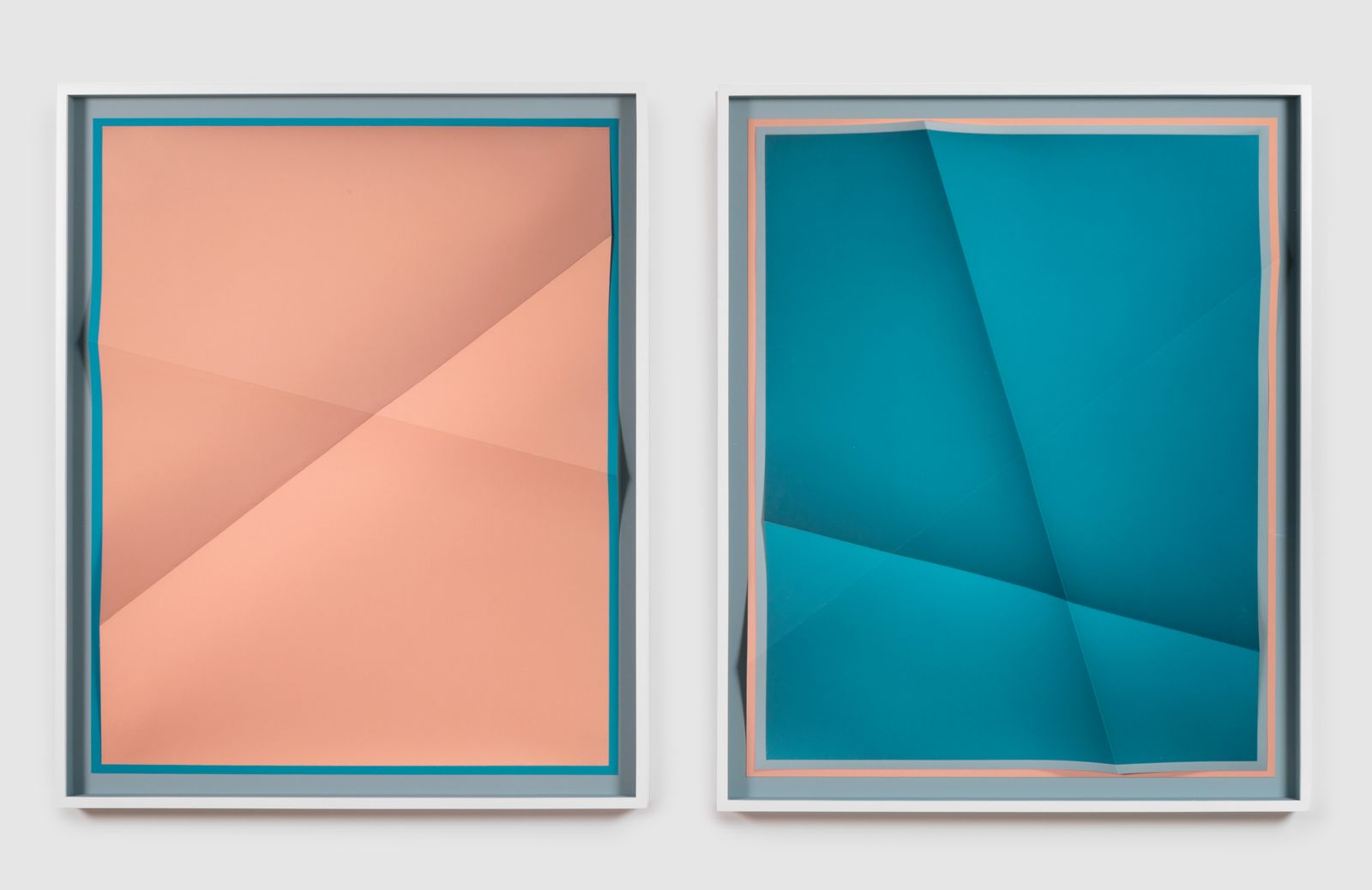 Accumulator 7_01, 3 Colors, DFB3A1, 3287A7, 9DB3BA, 2016 – Creased archival pigment print (unique), 24 x 30 in., each work, by John Houck